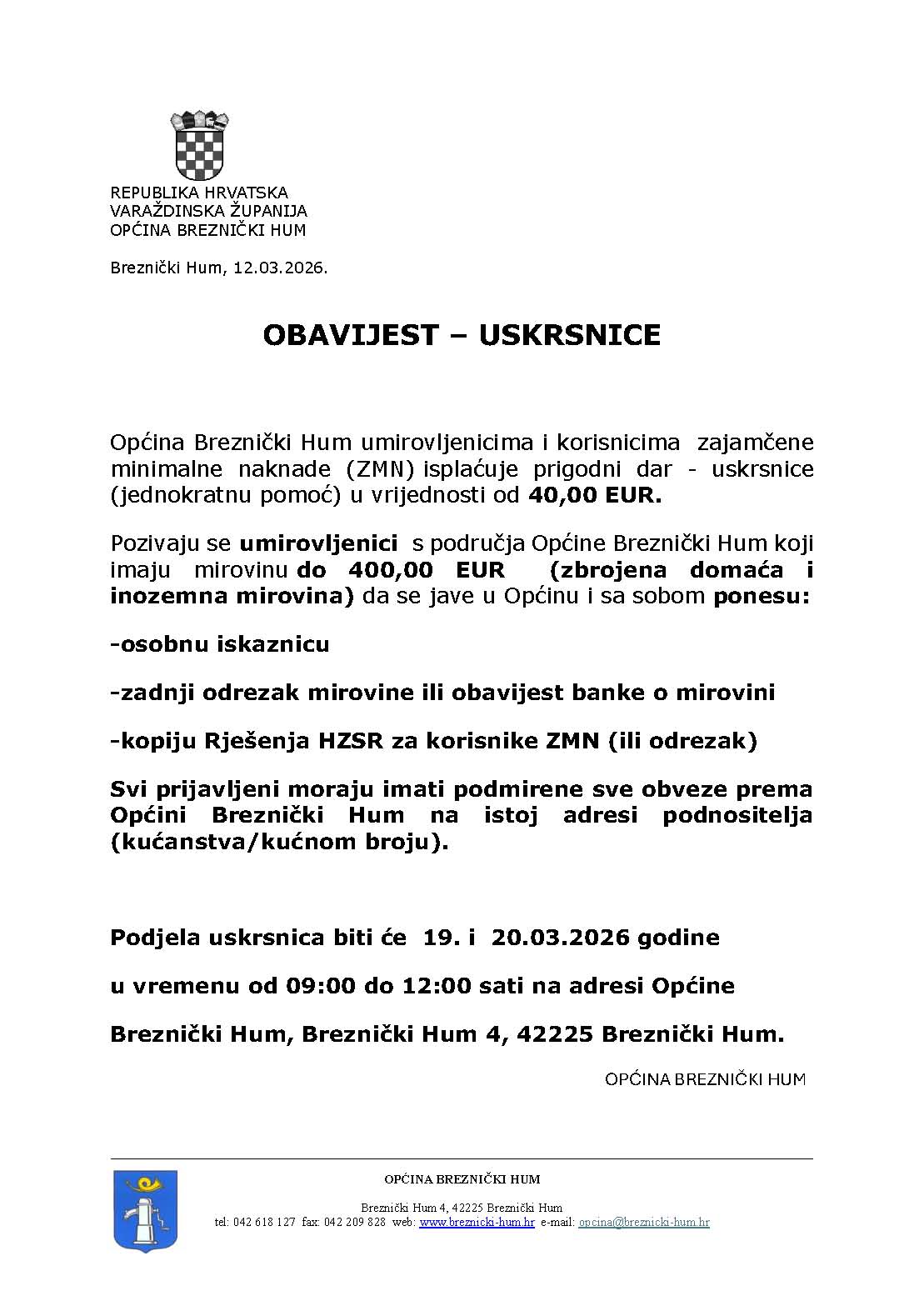 uskrsnice obavijest